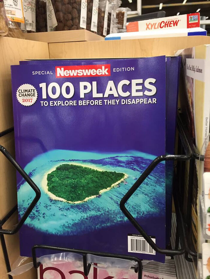 A Newsweek magazine titled '100 Places to Explore Before They Disappear,' depicting a sad world due to climate change.