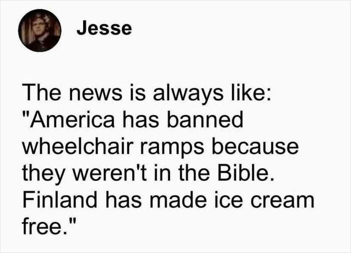 A post from the online group Delusions of Adequacy, contrasting news about America and Finland.