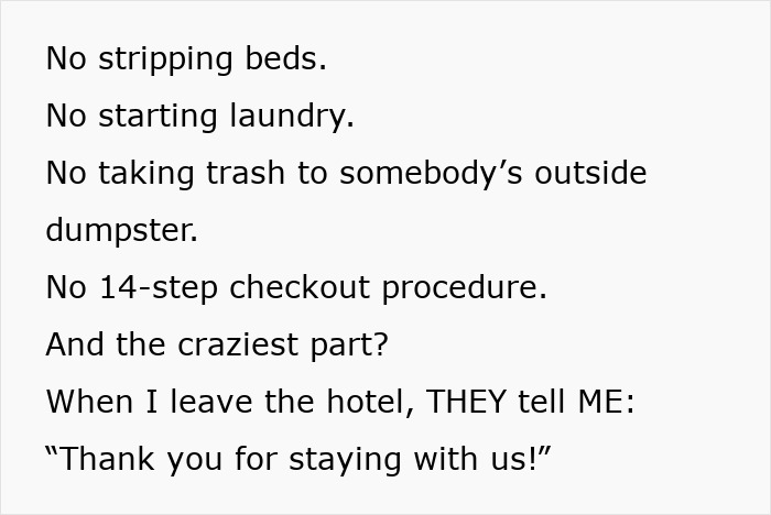 A screenshot of text about an Airbnb stay, highlighting the ease of hotel checkout compared to demanding Airbnb hosts. A screenshot of text about an Airbnb stay, highlighting the ease of hotel checkout compared to demanding Airbnb hosts.