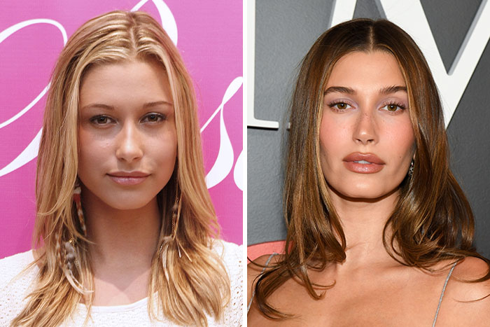 Hailey Bieber's looksmaxxing progression, revealing how her look has changed over the years.