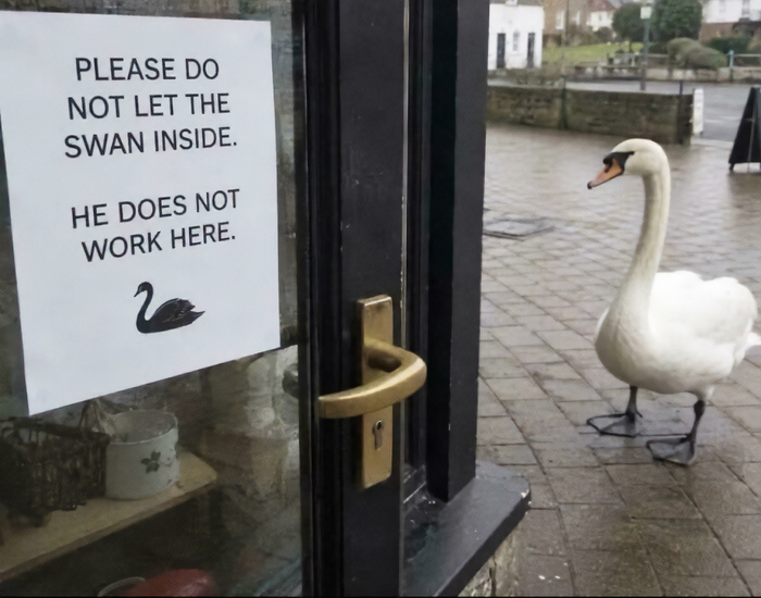 A chaotic sign on a glass door says 'PLEASE DO NOT LET THE SWAN INSIDE. HE DOES NOT WORK HERE.' A swan stands outside, questioning reality.