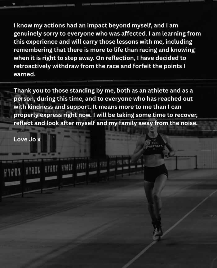 HYROX athlete extended apology statement, reiterating regret and commitment to recovery.