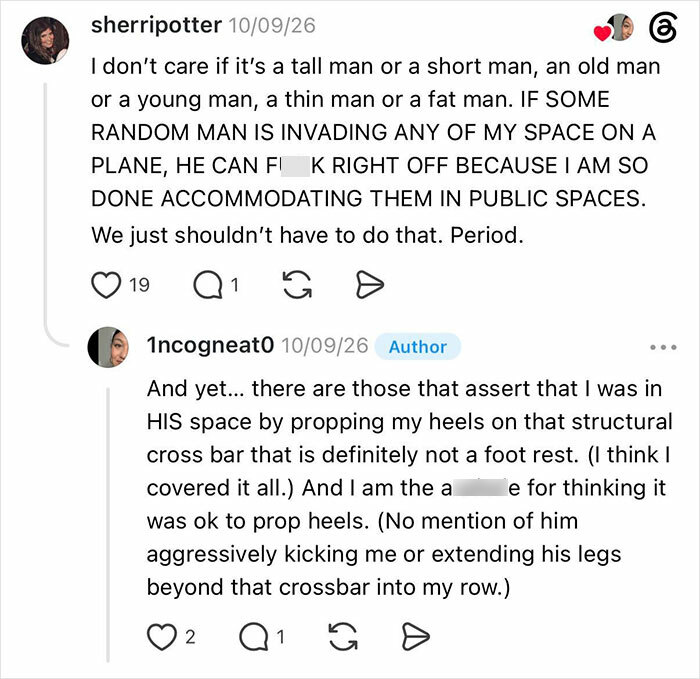 A screenshot of online comments debating the incident of a woman kicked under her seat by an entitled man.