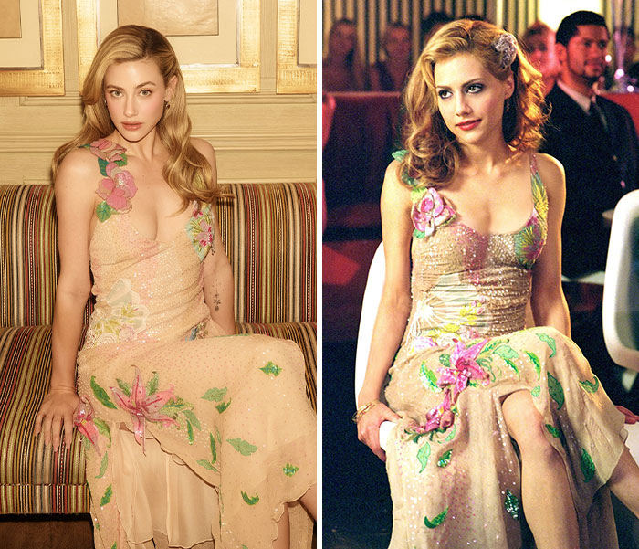 Hollywood star Lili Reinhart in a floral gown recreating iconic movie looks from Uptown Girls