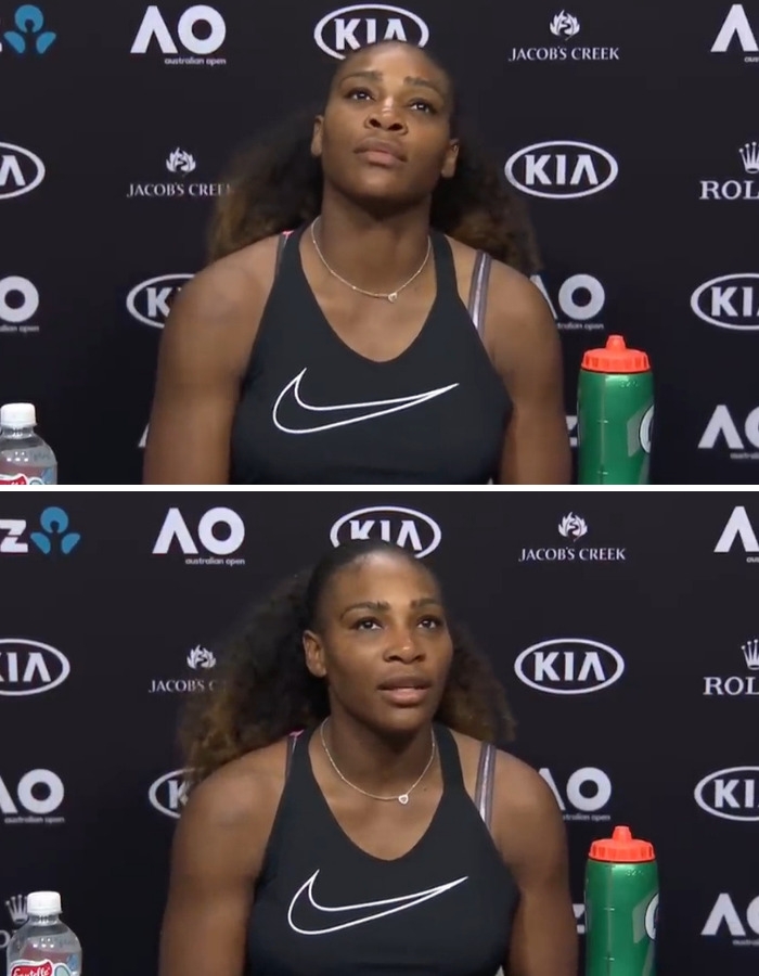 Serena Williams, a female star, looks exasperated at a press conference, putting men in their place.
