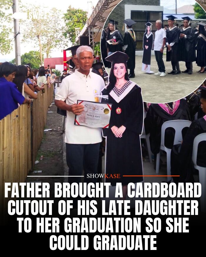 A father holds his late daughter's cardboard cutout, a wholesome story of love and remembrance at graduation