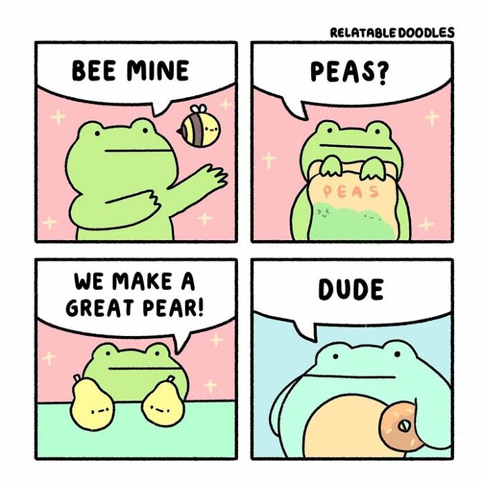 A comic about everyday life where a frog tries to express love with bee, peas, and pear puns.