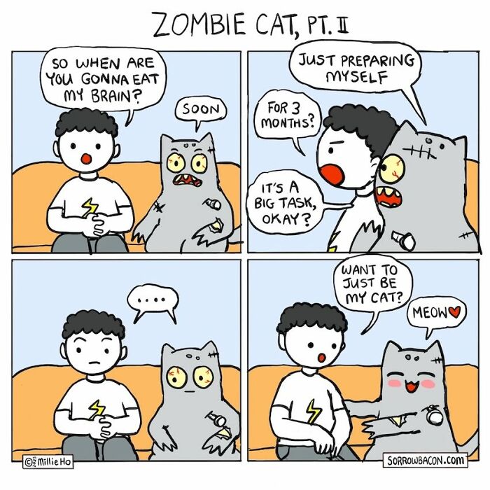 Artist creates comics with funny twists, showing a zombie cat's humorous interaction with its owner.