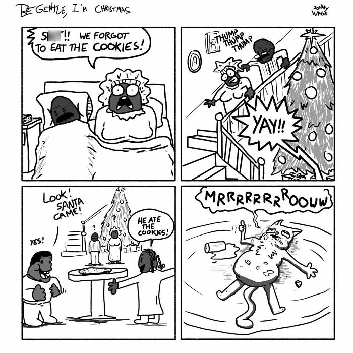 A cat overeats cookies meant for Santa, lying sick on the floor, in a hilarious comic about adult life.