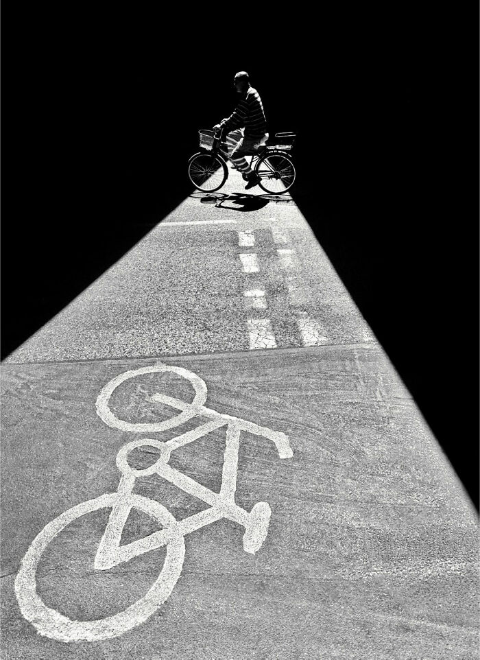 A striking minimalist scene showing a person riding a bicycle on a street with a bike lane symbol.