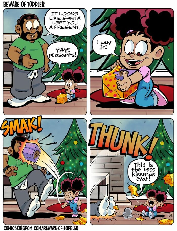 A comic showing the chaos of parenting a toddler, who excitedly throws a Christmas present at a parent's face.