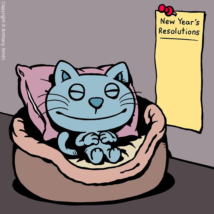Cattitude: An artist illustrates a cat happily relaxing in its bed, ignoring a blank New Year's Resolutions list.