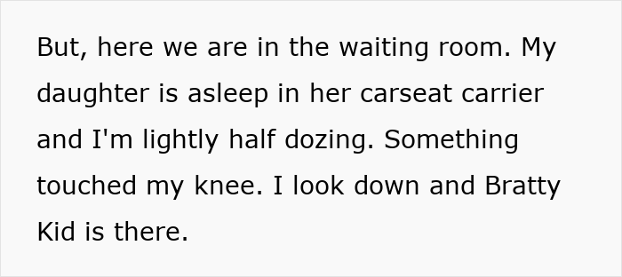 A waiting room scenario with an entitled kid, a sleeping daughter in a car seat, and a lightly dozing parent. A waiting room scenario with an entitled kid, a sleeping daughter in a car seat, and a lightly dozing parent.