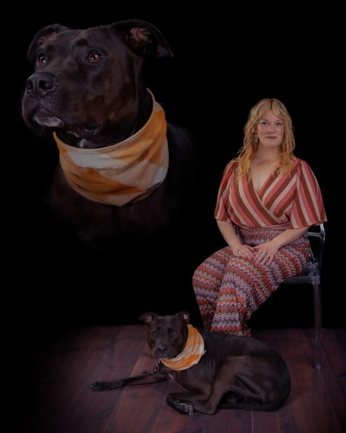 A woman sits on a chair next to her black dog, both with orange and white striped bandanas. A larger portrait of the dog floats above her, highlighting the silly and quirky bond between pets and their owners.