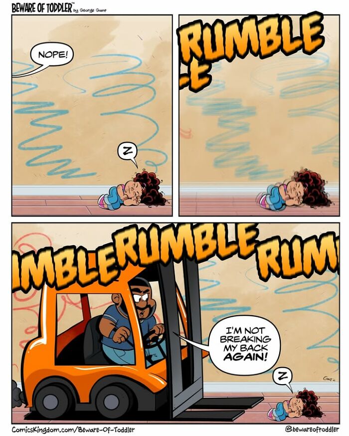 A comic illustrating the chaos of parenting a toddler who has fallen asleep, and the parent moves her with a forklift.