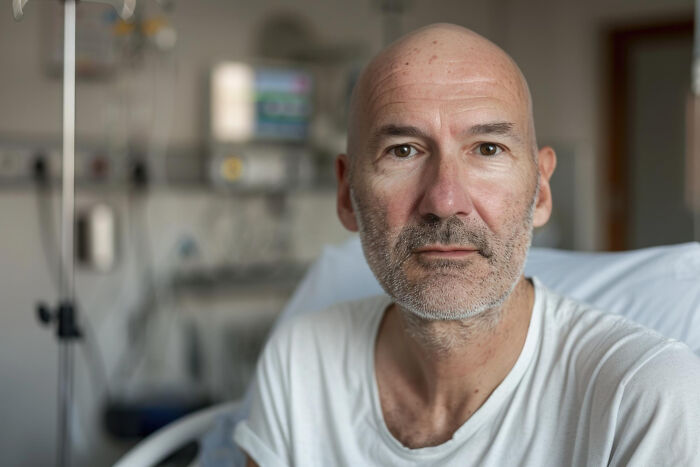 A man in a hospital gown with an unexpected end to his life story.