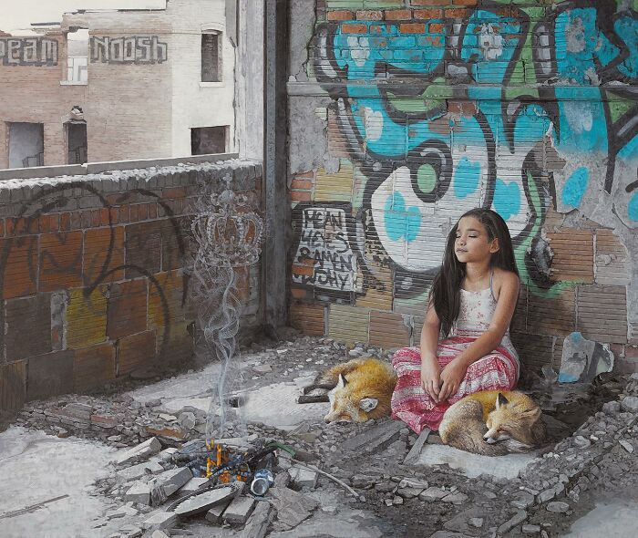 Dystopian painting by Kevin Peterson depicting a girl and two foxes by a small fire.