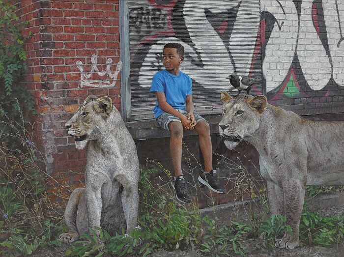 Dystopian painting by Kevin Peterson depicting a boy sitting on a ledge flanked by two lionesses near graffiti
