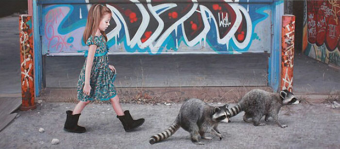 A young girl walks alongside two raccoons on a city street from dystopian paintings by Kevin Peterson.