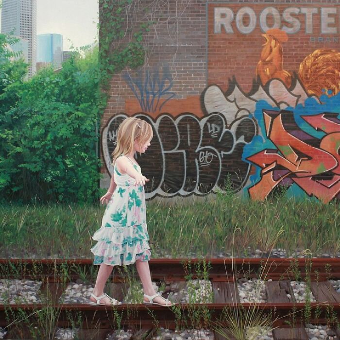 A young girl walks along overgrown train tracks in dystopian paintings by Kevin Peterson