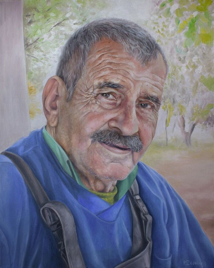 Portrait of an elderly smiling man in a blue sweater from a collection of paintings by Michel Devanakis.