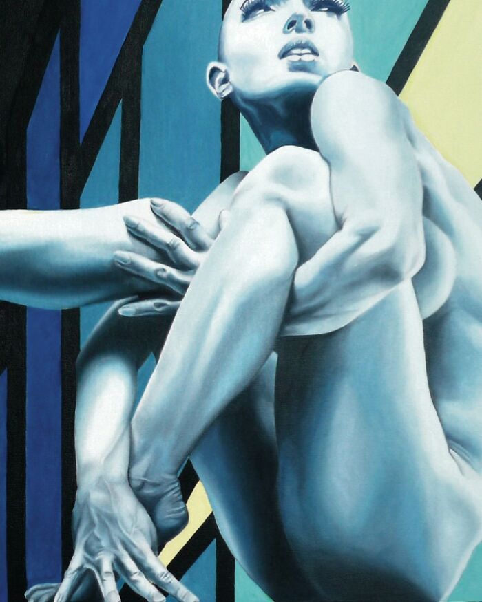 Blue-toned painting of a contorted human form with extreme perspective by Michel Devanakis.