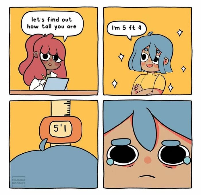 A comic about everyday life where a person says they are 5 ft 4 inches tall but measures 5 ft 1 inch, looking sad.