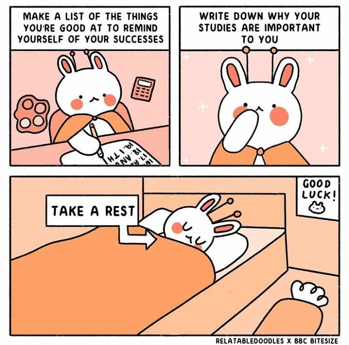 A comic about everyday life illustrating ways to remind yourself of successes and the importance of studies, ending with taking a rest.