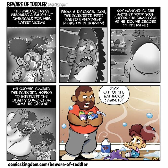 A comic showing the chaos of parenting a toddler trying to get into bathroom cabinets, prevented by a parent.
