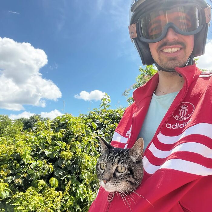 Owner brings his cat everywhere, carrying the cat in his jacket for crazy adventures outdoors.