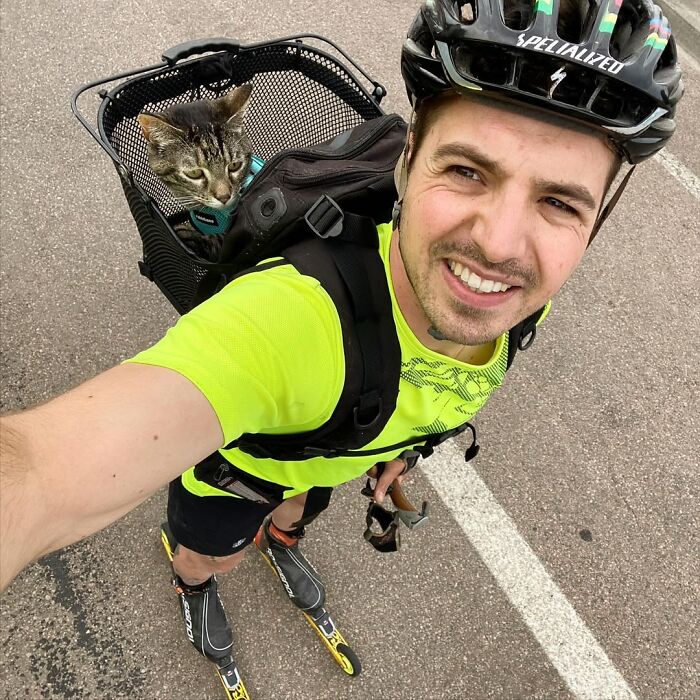 Owner brings his cat everywhere, rollerblading with the cat in a front basket for crazy adventures.