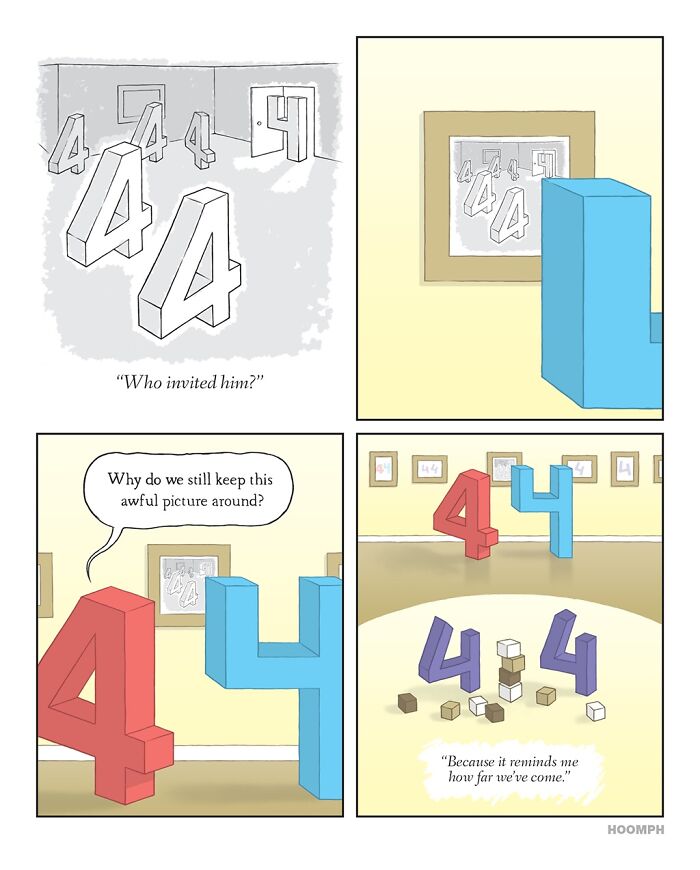 A Bips McCallister comic showing the number 4 at a party, then a red 4 and blue 4 reminiscing, creating hilarious comics.