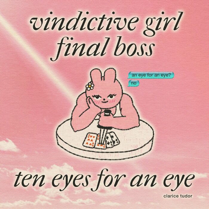 Sassy pink rabbit character with vindictive British humor holding knife and cards on pink background