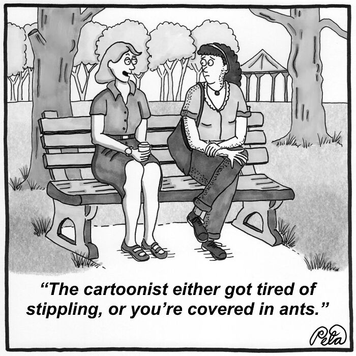 Comic of two women on a park bench, one covered in ants with a stippling joke