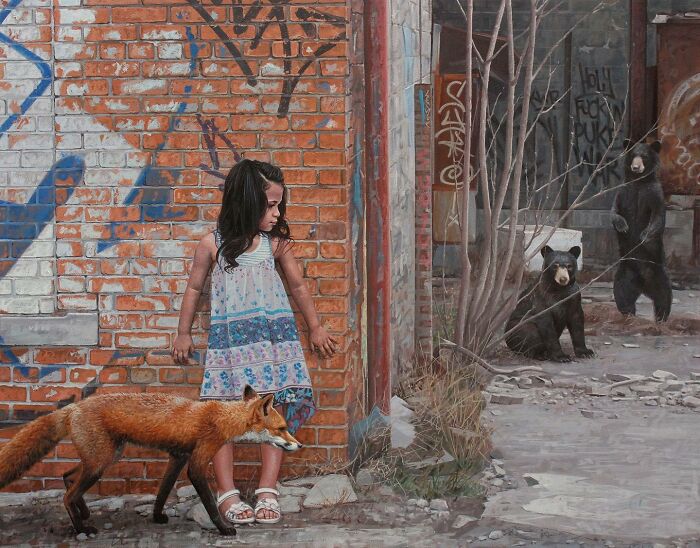 Dystopian painting by Kevin Peterson featuring a young girl, a red fox, and black bears near a brick wall