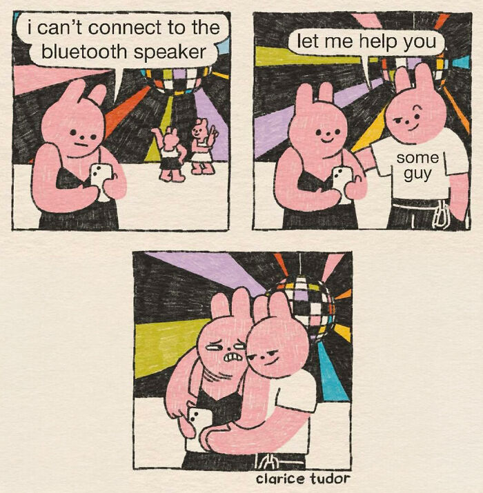 Pink rabbits comic with British humor about connecting to Bluetooth speaker at a party.
