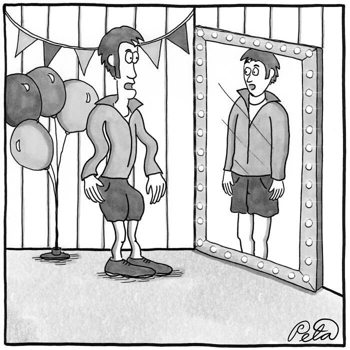 Cartoon of a man looking surprised at his distorted reflection in a mirror