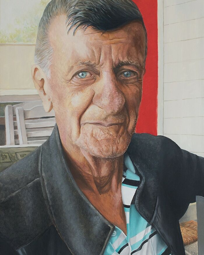 Detailed close-up portrait of an elderly man with blue eyes, painted by Michel Devanakis.