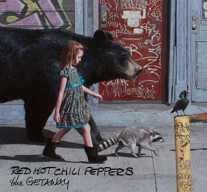 A young girl walks with a black bear and raccoon in art from dystopian paintings by Kevin Peterson