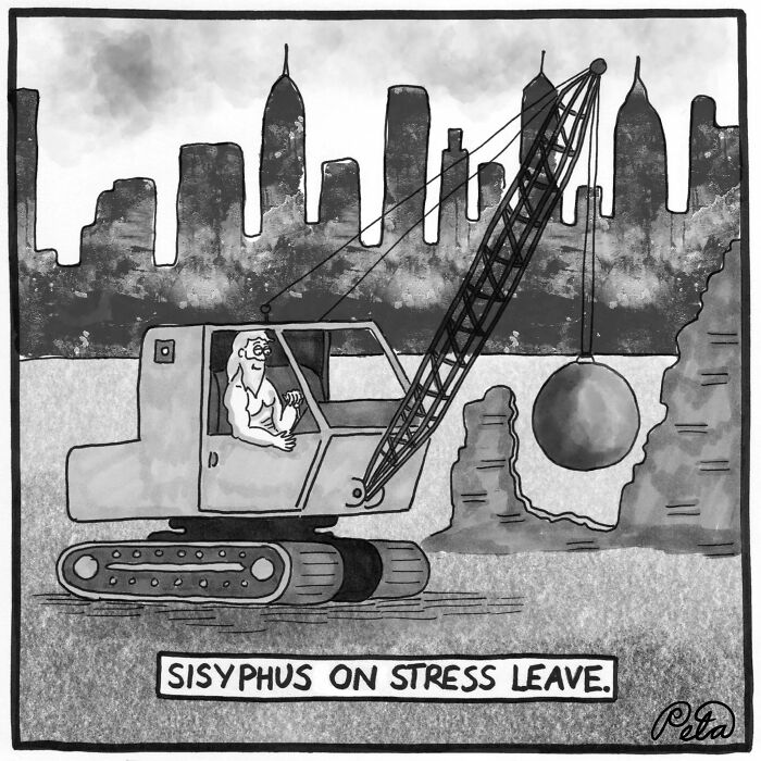 Single-panel cartoon of Sisyphus on stress leave operating a wrecking ball crane