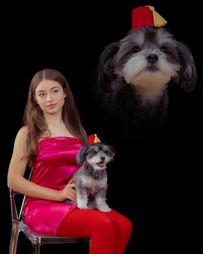 A girl in a pink dress and red tights poses with her small dog, both wearing red fezzes. A portrait of the dog floats above them, capturing a silly and quirky moment between pets and their owners.
