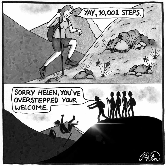 Comic of hiker celebrating steps but being told she overstepped welcome