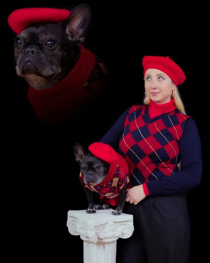 Quirky portraits of pets and their owners: A woman in a red beret and argyle sweater stands with a French bulldog on a pedestal.