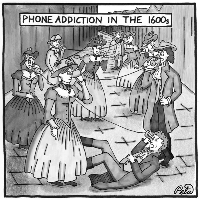 Single-panel comic showing phone a*******n in the 1600s with people using tin can telephones