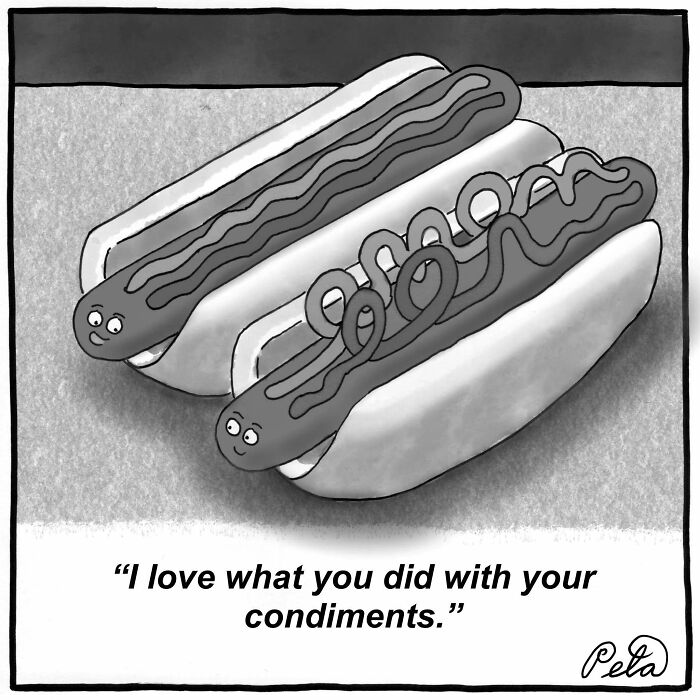 Comic of two hot dogs with faces complimenting condiments