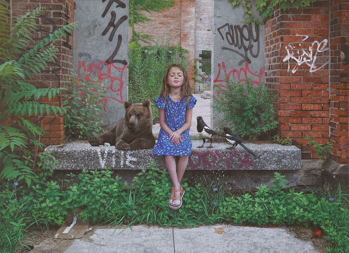 A little girl with a bear cub and birds in a dystopian painting by Kevin Peterson.