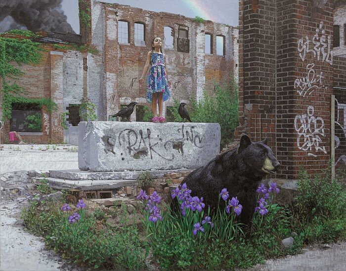A girl stands on concrete among crows and a black bear in dystopian paintings by Kevin Peterson