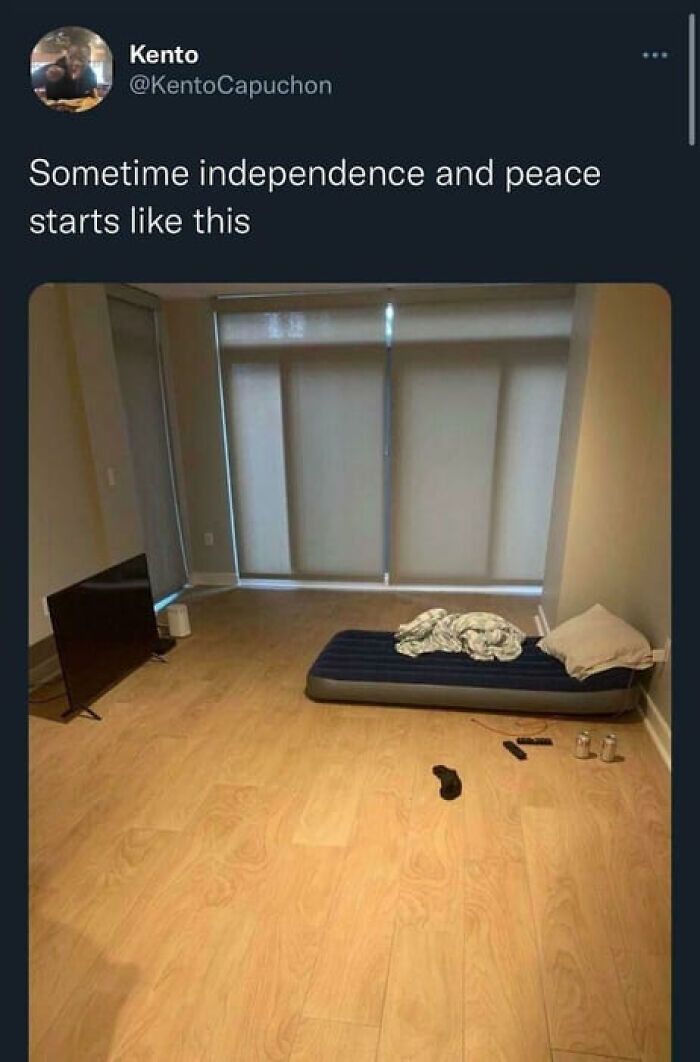An empty apartment with an air mattress and a TV on the floor. A relatable meme for adults about independence.