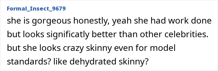 Comment analyzing a supermodel's viral transformation and model standards.
