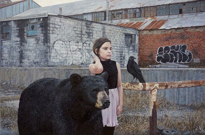 A young girl standing next to a large black bear and a raven in dystopian paintings by Kevin Peterson.